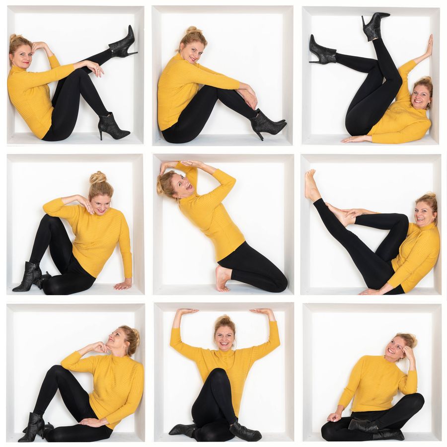 Eine Collage aus 9 Bildern zeigt eine Frau in einem gelben Pullover, die sich in einer grossen, leeren Box befindet. Sie posiert in verschiedenen Positionen, zum Beispiel sitzend, stehend, liegend oder angelehnt.